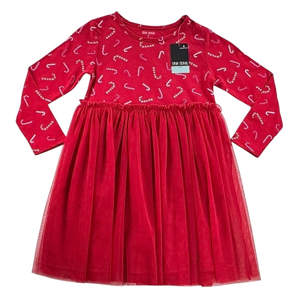 Okie Dokie Dress Girls Size 6 Candy Cane Mesh Tutu Long Sleeve Holiday Christmas